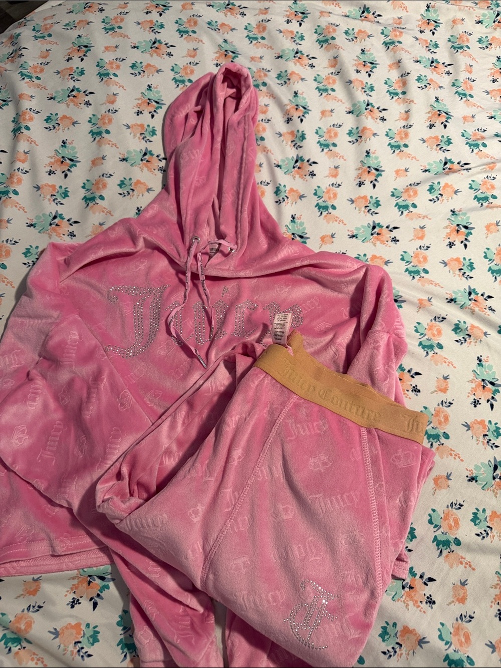 Juicy Couture Pink Velour Hoodie & Joggers with Rhinestone Logo